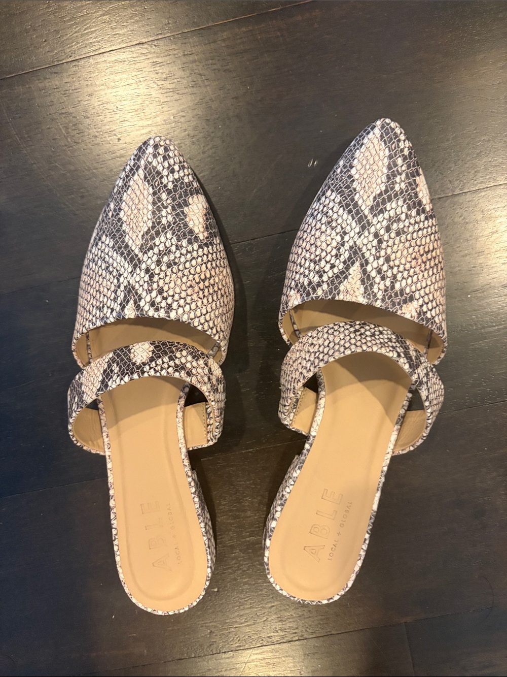 Able Snake-Print Pointed Toe Mules in Neutral Black and Cream